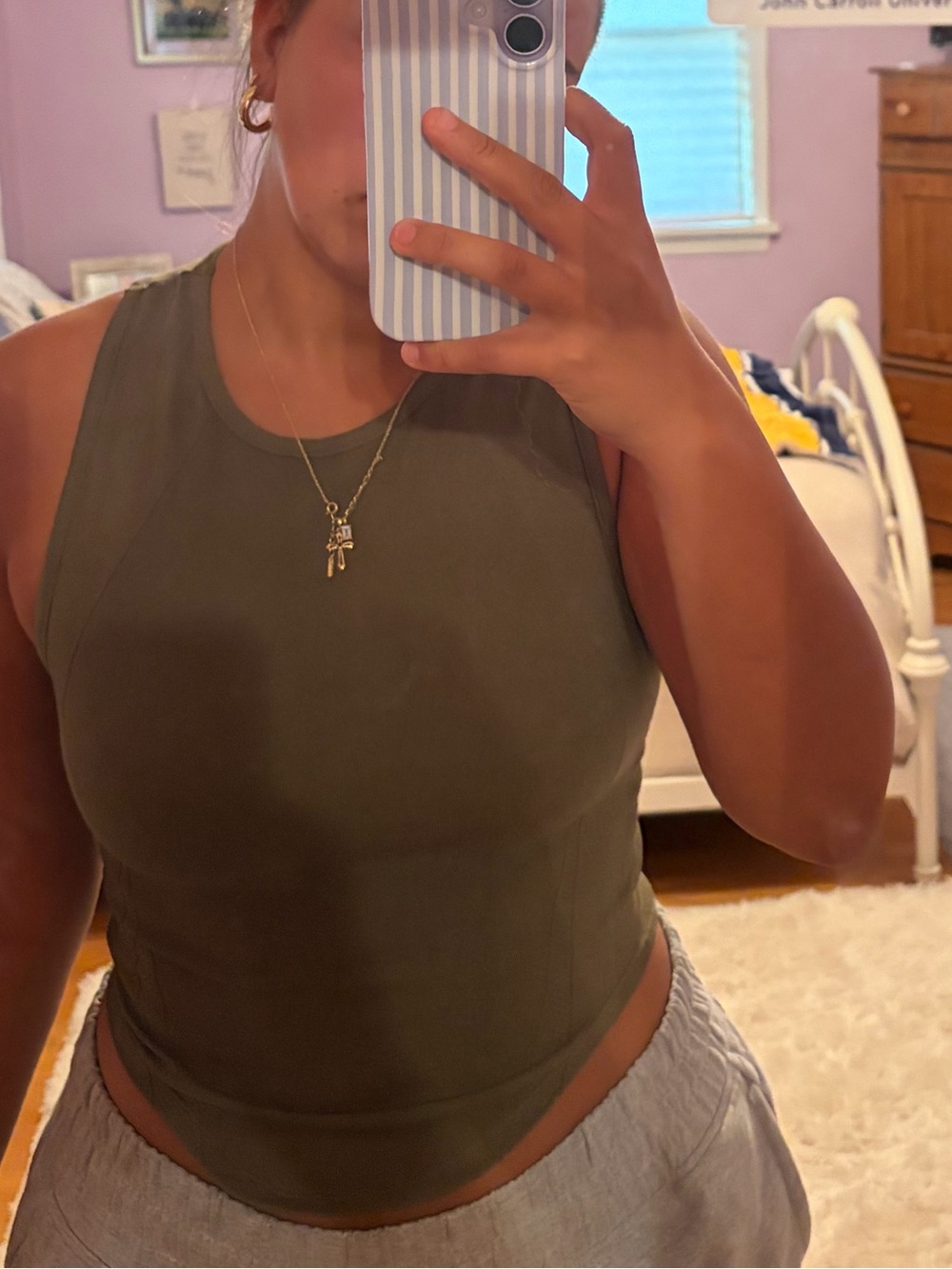 Women’s Olive Green Muscle Tank — Fitted High-Neck Muscle Tee